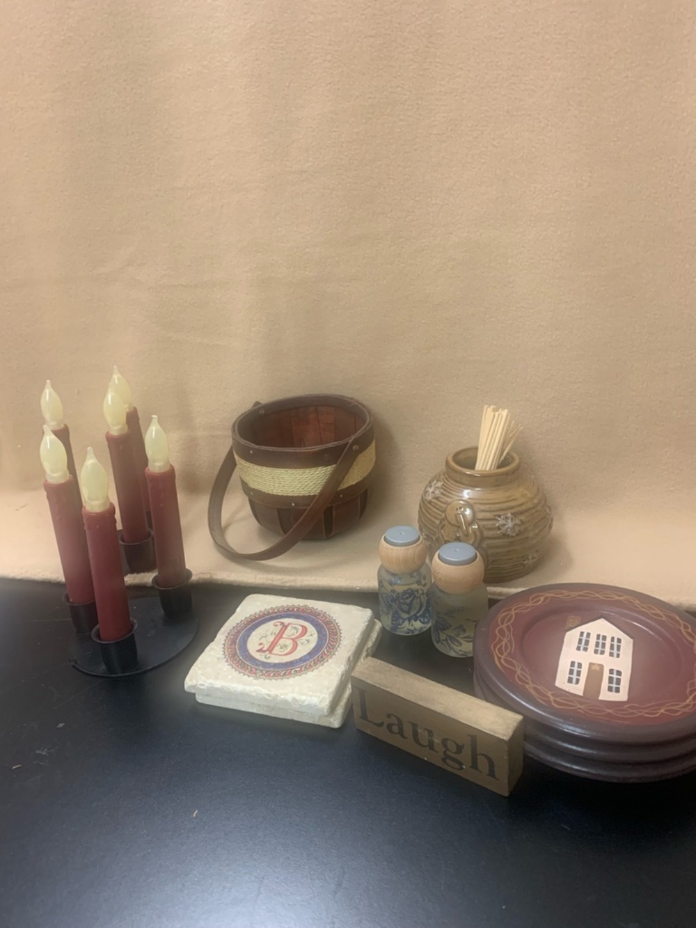 Home Accents Burgundy Candle Set and Rustic Decorative Plates